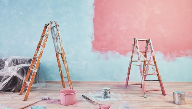 Two paint-splattered ladders stand in a room with half blue, half pink painted walls and scattered painting tools on a wooden floor.