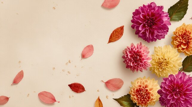 Vibrant Dahlia Flowers and Autumn Leaves Scattered on a Textured Beige Background With Soft Natural Lighting Creating a Warm and Inviting Autumnal Aesthetic
