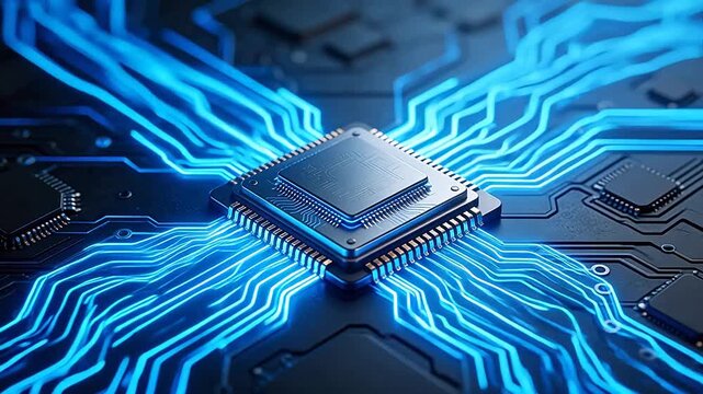 Close-up of a microprocessor chip on a circuit board with glowing blue pathways
