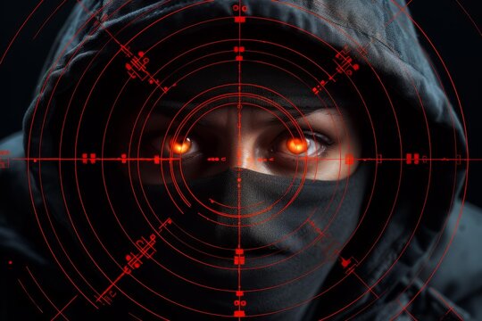 Hooded person with glowing eyes wearing a face mask in a red targeting overlay