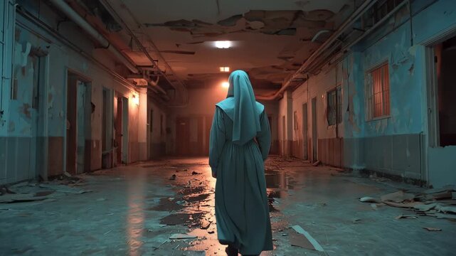 Cinematic video captures ghost nurse in old abandoned hospital at night