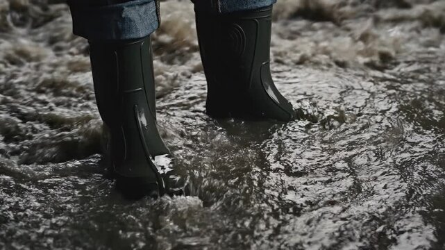 Close-up of man's rubber boots in flood concept. Person wearing black rain boots splashing through muddy water on a rainy day outdoors