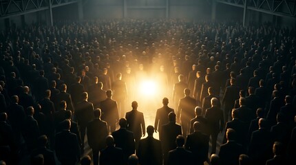Obraz premium Large group of people gathered in a dark auditorium with bright light shining in the center, representing unity, leadership, or a significant event