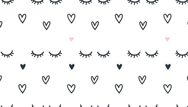 Whimsical repeated pattern featuring closed eyes with eyelashes and scattered hearts in various sizes on a white background