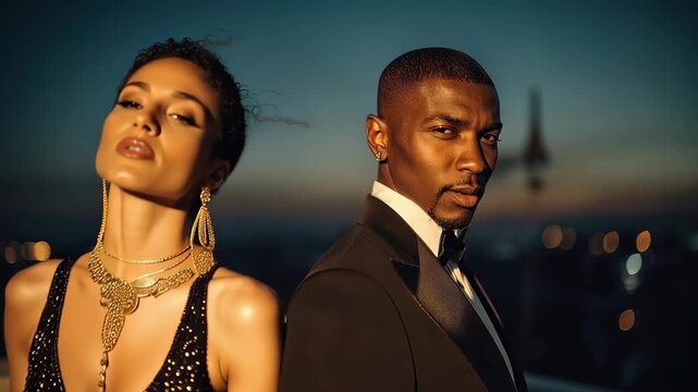 Couple stands back to back on rooftop at sunset with city lights in background and skyline view during evening hours