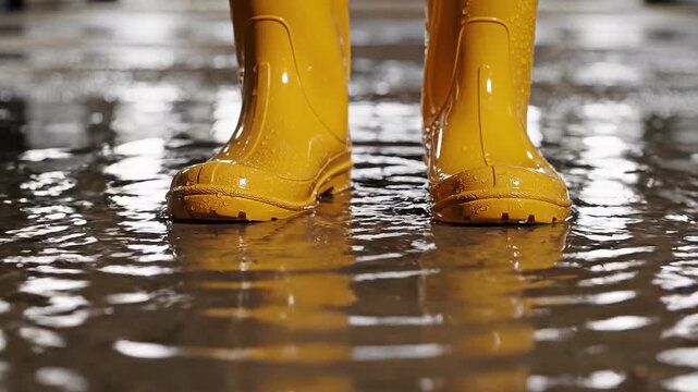 Close-up of man's rubber boots in flood concept. Close up of yellow rain boots stepping in water puddle during rainy weather outdoor
