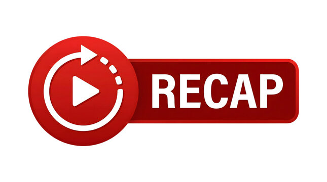 Red play button icon with circular arrow and recap text on white background symbolizing video summary or review