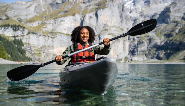 Smiling woman kayaking on a turquoise mountain lake. Active lifestyle and outdoor adventure concept. Young woman of African descent paddling a kayak in a scenic alpine landscape