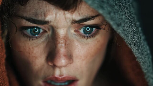 Shocked woman displays raw emotion in dramatic lighting during nighttime indoors