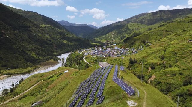 Drone footage of solar panels installed in Thawang, Rolpa, providing electricity to the village. Showcases Nepal&rsquo;s model renewable energy project and rural electrification.