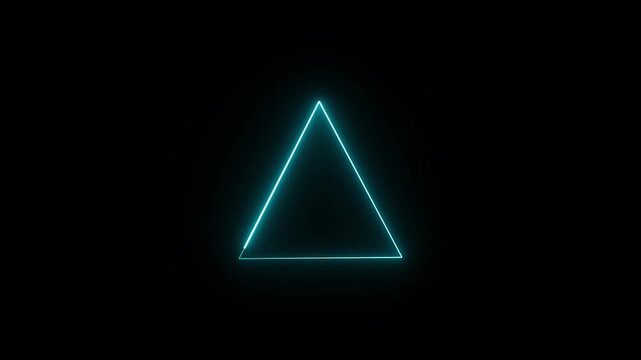 Abstract neon light line triangle running animation on the black background. Neon glowing blue color triangle frame icon motion video design.