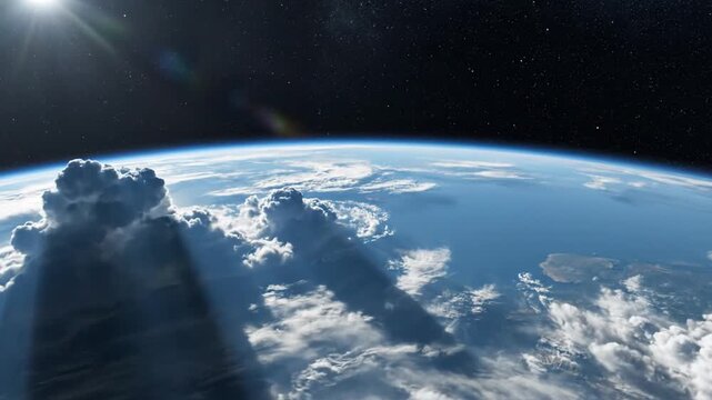 Earth view with sun, clouds, and space.