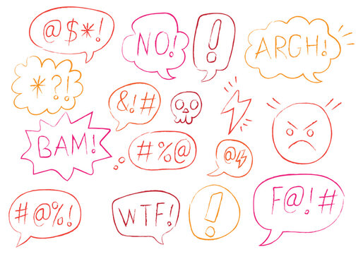 Hand drawn comic speech bubbles with angry expressions curse words and symbols isolated on white background for pop art design. Vector Illustration.