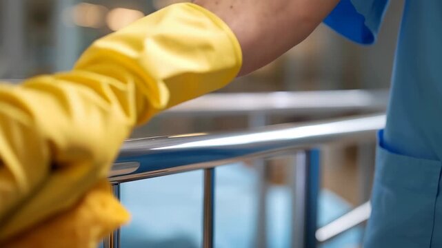 Nurse cleans hospital bed rail with disinfectant wipes in a medical facility during daytime hours