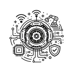 Obraz premium Futuristic Industrial Automation and Digital Transformation Line Art Icon Representing Smart Factory Technology and Integrated Security Systems