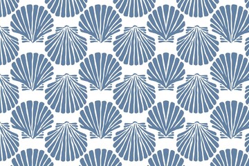 Fototapeta premium A seamless pattern of blue scallop shells on a white background