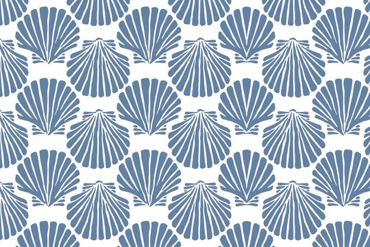 A seamless pattern of blue scallop shells on a white background