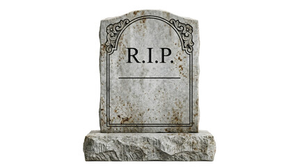 Fototapeta premium Old weathered gray tombstone with rip inscription on white background