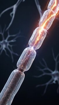 Neuron axon myelin nerve synapse signal stress traveling nerves impulse glowing nerve fiber with myelin sheath, 3D render close up electricity showing signal traveling along axon stress dark