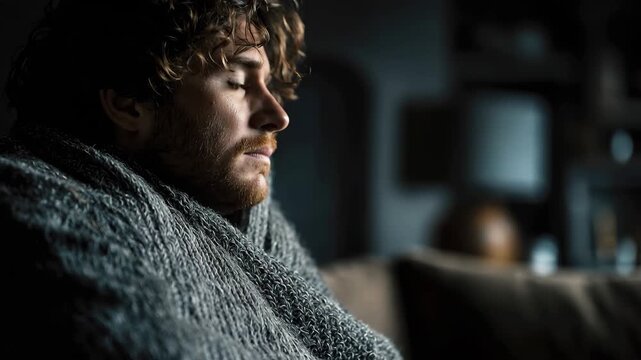 Man in sweater shows stress and mental health struggles in indoor setting