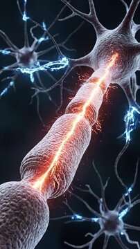 Neuron nerve axon synapse brain signal stress traveling nerves neural network 3D render showing myelin impulse and electric stress signal traveling through nerves inside brain in dark neural pathway
