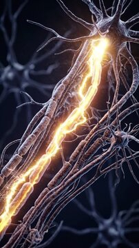 Neuron nerve synapse brain signal impulse nervous system axon stress traveling neural electrical signal along nerve fibers through synapse and brain network, glowing impulses across neurons