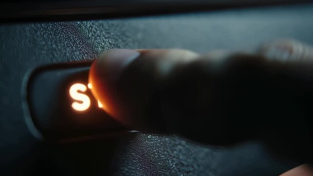 Finger presses illuminated start button on device in dark setting with focus on activation moment and surrounding features