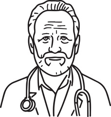 Obraz premium Hand Drawn Elderly Male Doctor Black and White Illustration in Minimal Line Art Style Design