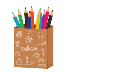 Fototapeta premium Collection of multi-colored pencils stands inside brown paper bag decorated with white chalk style school theme drawings.
