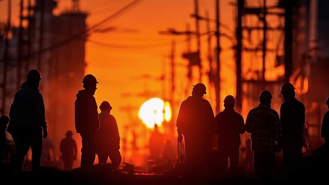 Construction workers start a new day at a site during sunrise with silhouettes and sunlight in the background creating clear outlines