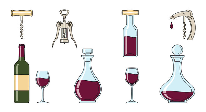 Set of wine related items including different bottles full glasses decanters and various types of manual corkscrew openers.