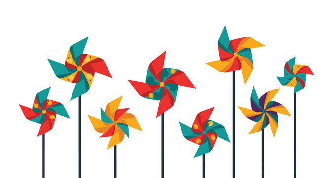 Rows of colorful toy pinwheels with different patterns standing in a line against a simple white background.