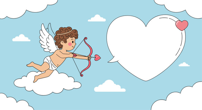 Cupid angel flying through a blue sky and aiming his heart tipped arrow at a large heart shaped speech bubble.