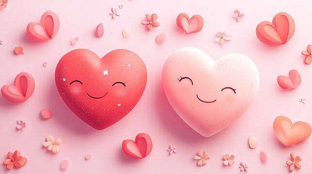 6.Sweet and vibrant heart characters featuring blush tones, cheerful smiles, smooth cartoon shading, tiny decorative elements like stars and petals, cohesive pastel palette creating a joyful romantic