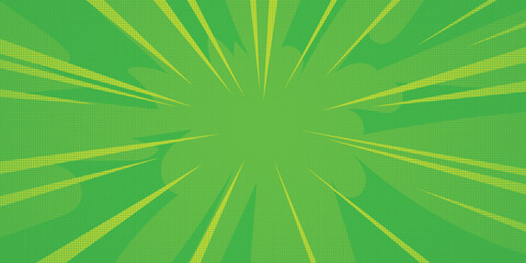Comic book zoom background with green sunburst rays and halftone dots. Vector manga speed lines and explosive pop art blast effect. Minimalist retro superhero frames backdrop. Vector Illustration. © MdNurul