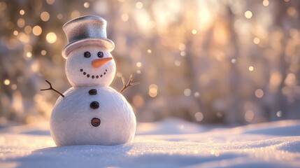 Obraz premium 79.Festive snowy landscape with a friendly snowman featuring a reflective bucket hat, sculpted snow body, subtle shadows, and a backdrop of softly blurred snowfall creating a dreamy winter mood.