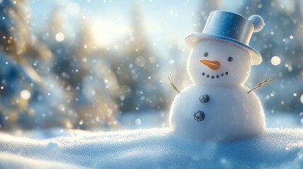Fototapeta premium 79.Festive snowy landscape with a friendly snowman featuring a reflective bucket hat, sculpted snow body, subtle shadows, and a backdrop of softly blurred snowfall creating a dreamy winter mood.