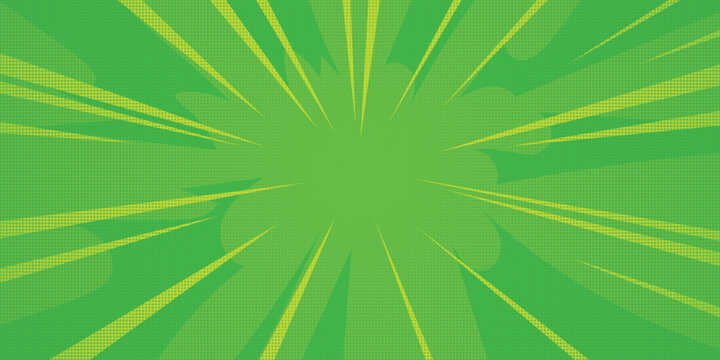 Comic book zoom background with green sunburst rays and halftone dots. Vector manga speed lines and explosive pop art blast effect. Minimalist retro superhero frames backdrop. Vector Illustration.