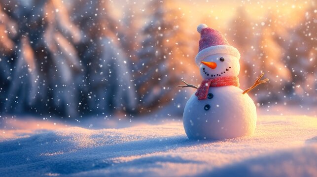 79.Festive snowy landscape with a friendly snowman featuring a reflective bucket hat, sculpted snow body, subtle shadows, and a backdrop of softly blurred snowfall creating a dreamy winter mood.