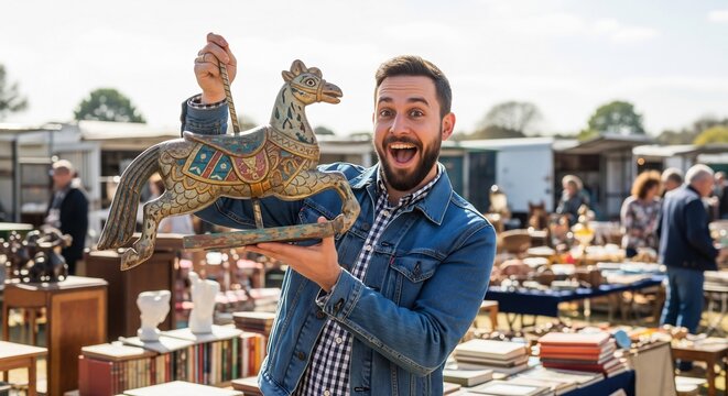 Joyful Man Shows Off His New Treasure: an Ornate Antique Wooden Horse from a Bustling Outdoor Market