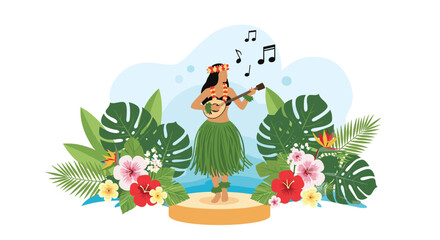Fototapeta premium Traditional hula dancer in a grass skirt plays a ukulele on a stage surrounded by colorful tropical flowers and large green leaves.