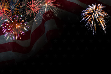 National flag of United States of America in sky with fireworks independence day