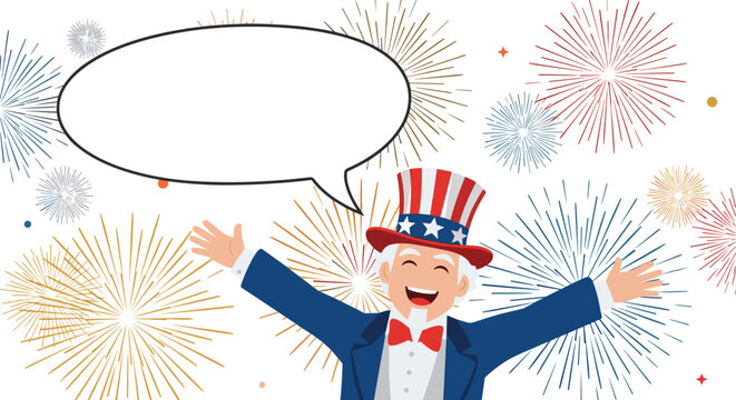 Cheerful uncle sam character celebrates with colorful fireworks in the background next to a large blank white speech bubble for message.