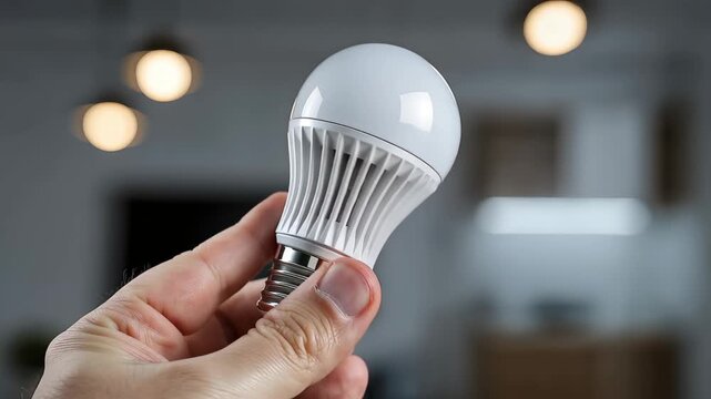 Hand holds LED light bulb for energy saving in a well-lit room to demonstrate energy efficiency and modern lighting design