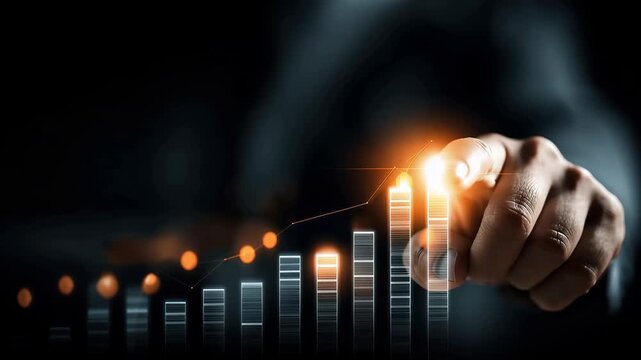 Professional points at glowing business growth visualization in an office setting during the day