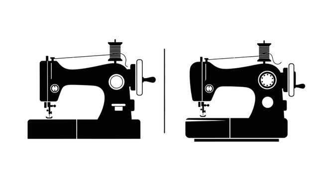 Two vintage sewing machines depicted in a minimalist black and white style