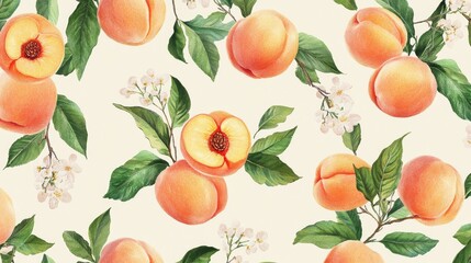 Obraz premium 42.Playful endless pattern showing clusters of peaches, cross-sections with visible pits, curling leaves, and tiny blossoms, all rendered in a sketchy botanical style across a pastel background.
