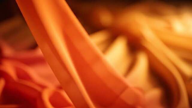 A close up view of smooth orange fabric flowing in soft light with a blurred background