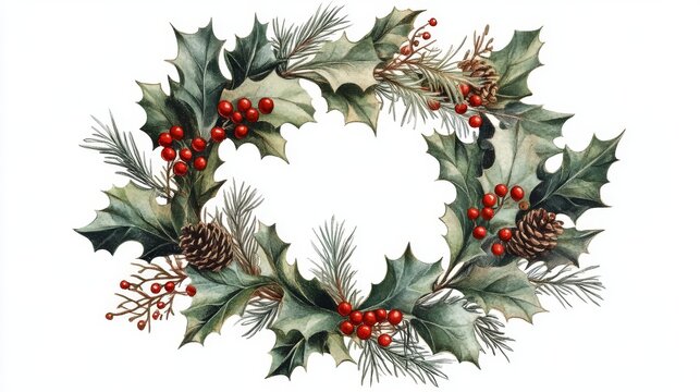 90.Old-fashioned Christmas wreath composition with intertwined mistletoe vines, fir foliage and red berries, soft faded shading and retro palette, crisp white background for sticker use.