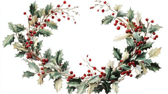 90.Old-fashioned Christmas wreath composition with intertwined mistletoe vines, fir foliage and red berries, soft faded shading and retro palette, crisp white background for sticker use.